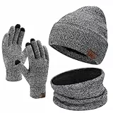 Bequemer Laden Wintermütze Herren Strickmütze, Rundschal, Touchscreen Handschuhe - Sets, Warme Handschuhe Winterschal und Mütze mit Fleecefutter, Grau, one size
