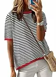 Cuptacc Tshirt Damen Baumwolle Oversize Shirt Damen Tops Sommer Elegant Gestreiftes Rundhals Oberteile Pullover Schwarz XL 46-48