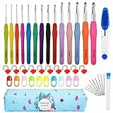 JOZEA 𝐇ä𝐤𝐞𝐥𝐧𝐚𝐝𝐞𝐥𝐧 𝐒𝐞𝐭, 14 Größen Häkelnadeln, Bunte Ergonomische weiches Häkelnadeln Stricknadeln, mit tragbaren Tasche, mit Zubehör, geeignet für Häkelliebhaber und Anfänger, blau