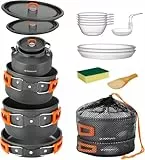 Odoland Camping Geschirr Set 15 Teilig, Outdoor Kochgeschirr Set mit 2 Topfe, Bratpfanne und Wasserkocher Camping Kochtopf Set, Kochgeschirr Aluminium für 4-5 Personen