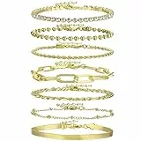 Emibele Gold Armband Set für Damen Mädchen, 14K vergoldete Gliederarmbänder Layered Figaro Büroklammer Tennis Beaded Verstellbares stapelbares Armband Modeschmuck, 7 Stück