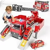 Doloowee Feuerwehrauto für Junge 3 4 5 Jahre, Verformbares Feuerwehrfahrzeug mit Feuerleiter, Sound und Licht, Sprudelfunktion, Autospielzeug Geschenk für Kinder ab 3 Jahren