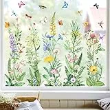 Tanlaby Fensterbilder Frühling Wildblumen Fensteraufkleber Blumen Gras Schmetterling Vintage Sommer Fenstersticker Doppelseitig Anti-Kollision Fensterdeko Aufkleber für Glas Fenster Glastüren