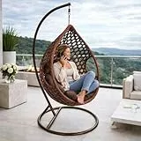 ESTEXO Polyrattan Hängesessel Outdoor Hängestuhl mit Gestell Rattan Gartenstuhl mit Sitzkissen Braun