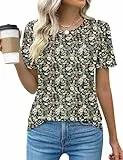 Cuptacc Tshirt Damen Rundhalsausschnitt Locker Longshirt Kurzarm Lässig Falten Tunika Damen Sommer Armeegrünes Blumenmuster Groß L 42-44