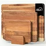 Ribech Schneidebrett Set 3-teilig aus Akazienholz inklusive Aufbewahrungsständer | 40x30cm 33x24cm 26x18cm | 2cm starke Küchenbretter mit Saftrille & Antirutschfüßen