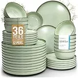 Steingut Geschirrset 12 Personen Rustic 36 tlg. TESTSIEGER, Hochwertiges Landhaussttil Steingut Geschirr Set, Schüssel- und Teller Set, Tafelservice 12 Personen, Geschirrsets Pure Living in Mintgrün