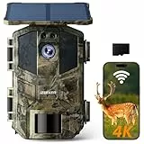 iZEEKER Solar Wildkamera 4K 64MP mit 32 GB Micro SD Karte, Wildkamera mit 5200 mAh Akku WLAN Bluetooth Bewegungsmelder Nachtsicht 0,1 s Auslösezeit zur Wildbeobachtung