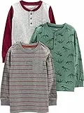 Simple Joys by Carter's Jungen Long-Sleeve Shirts, Pack of 3 Hemd, Dunkelgrau Streifen/Fichtengrün Dinosaurier/Grau Punkte, 5 Jahre (3er Pack)