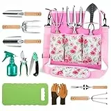 Grenebo Garten Werkzeug Set, 11-teilig Heavy Duty Gartengeräte mit Ergonomic Canvas Shoulder Crossbody Bag, Rost-Proof Premium Garten Werkzeug Set, Gartenarbeit Geschenk für Frauen Männer (Rosa)