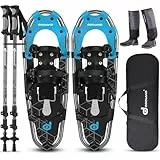 Odoland Schneeschuhe mit Steighilfe Allround 4 IN 1 für Damen und Herren mit Wanderstöcken, Wasserdichten Gamaschen und Tragetasche, ab Schuhgröße 30 INCH Blau + Schwarz