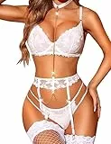 RSLOVE Damen Dessous Set Spitzen Unterwäsche Sexy Reizwäsche mit Strapsen BH und G-String mit Strumpfgürteln 3 Teilige Weiß M