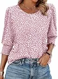 XIEERDUO Bluse Damen Rundhals 3/4 Ärmel Oberteile Elegant Sommer Tunika Tops Longshirt Lässige T-Shirt Gebogener Saum Rosa Punkte L