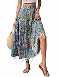KOJOOIN Damen Rock lang Maxirock Boho Elastische Taille Blumen Sommerrock Rüschen A-Linien Strandrock elegant Faltenrock mit Quaste (Verpackung MEHRWEG), A-Blau, S