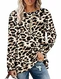 MOLERANI Damen Langarm Rundhals Freizeit T Shirts Blusen Sweatshirts Tunika Tops mit Tasche Brauner schwarzer Leopardenprint L