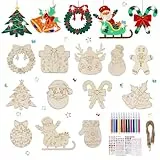 Maxmoc Holz-Weihnachtsschmuck, 24 unlackierte Holzkugeln, hängende Ornamente mit 12 Farbstiften, 4 Bögen Strass-Aufkleber, Schnur, Holzscheibe für Bastelarbeiten, Weihnachtsbaumschmuck