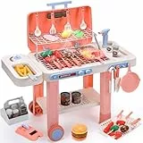 cute stone BBQ-Grillspielzeug für Kinder mit farbwechselndem Essen, kühlem Sprühnebel, brutzelnden Geräuschen & Lichtern – Rollbares Outdoor-Küchenset mit Pfanne für fantasievolles Spielen
