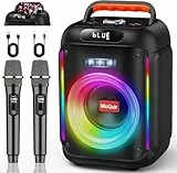 Karaoke-Maschine mit 2 Mikrofonen für Erwachsene Kinder, Bluetooth-Caraoke-Lautsprecher mit Bass/Höhenverstellung, PA-System mit Fernbedienung/LED-Lichter, unterstützt Rec/USB/AUX (dunkelschwarz)