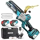 SEESII Bürstenlose Mini Kettensäge 6 Zoll, Handkettensäge mit 2 * 4000 mAh Akkus, Einhand Akkusäge mit Automatischem Öler, Kompatible mit Makita Akku 18V, Elektrische Säge für Holz, Ast