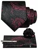 JEMYGINS Schwarz Basierte Krawatte Set Herren Einstecktuch Krawattenklammer Ansteckblume mit Barock Muster für Hochzeit Business Party Mehrfarbig Ziegelrot