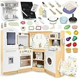 Mamabrum große XXXL Holz Spielküche mit LED-Beleuchtung, Kaffeemaschine, Gemüse- und Obstset, 50 Teile für kreatives Rollenspiel