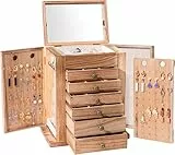 ProCase Schmuckkästchen Schmuckaufbewahrung Groß Holz Schmuckschatulle mit 7 Ebenen Schmuckkasten Schmuckbox Schmuck Organizer mit Spiegel, Schubladen für Ringe, Ohrringe - Natural
