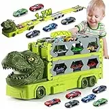 VATOS Transport Truck Spielzeug Autos für Jungen Alter 3 4 5 6 7, tragbare Dinosaurier Rennstrecke Truck Spielzeug mit 6 Rennwagen, Träger LKW Fahrzeuge Spielzeug Set für Kinder, A678