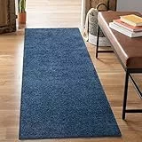 carpet city Shaggy Hochflor Teppich - Läufer 80x300 cm - Blau - Langflor Flurteppich - Einfarbig Uni Modern - Flauschig-Weiche Teppiche Schlafzimmer Deko