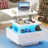YITAHOME Couchtisch Höhenverstellbar mit LED Beleuchtung Modern, 60x60x45cm, Wohnzimmertisch Hochglanz mit Offenem Ausstellungsregal und 2 Schubladen