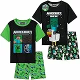 Minecraft Pyjama Jungen 7-14 Jahre, 2er Pack Sommer Kurz Schlafanzug Kinder mit Weich Kurzarm T-Shirt, Gamer Geschenke für Kinder (9-10 Jahre, Schwarz/Multi, 2er-er-Pack)