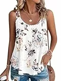 WNEEDU Damen Tank Tops Sommer Spaghetti Cami Oberteile Ärmellose Rundhalsausschnitt Blusen Top Shirts Weiße Blume L