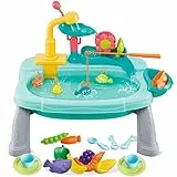 Ark miido Spielzeug für Küchenspüle Play Kitchen Sink Toys für Kinder, mit verbessertem Wasserhahn, Kunststoffgeschirr, Spiel Obst & Gemüse und Angelspielzeug