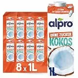 Alpro Kokosnussdrink ohne Zucker – Ohne Süßstoffe – Vegan und milchfrei – Von Natur aus laktosefrei und fettarm – Reich an Calcium und Vitaminen – 8 x 1 L