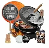 GUSSKÖNIG Dutch Oven Set - Eingebrannter Dutch Oven 9 Liter [6-10 Person]-Feuertopf Gusseisen mit Füßen-Schmortopf Doppelfunktion-2in1 Deckelheber, Bürste & DutchOven Rezeptbuch-30 Jahre Garantie