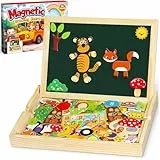 Jojoin 130 Stücke Magnetisches Holzpuzzle - 2025 Neu Montessori Holzpuzzle mit Doppelseitig Magnetisch | Wald | Bauernhof | Obst | Bus - Kreativ Spielzeug für Kinder