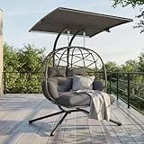 UDPATIO Hängesessel Outdoor mit Gestell, Hängeschaukel mit Sonnendach & Fußablage, Hängestuhl bis 280KG für 2 Personen, Verstellbare Kuppel & 20cm Dicke Kissen, Schaukel Sessel Garten, Balkon, Grau