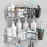 FINIBO Duschablage Ohne Bohren, 2 Stück Selbstklebend Eckregal Badezimmer Organizer, Duschregal Edelstahl mit 4 Haken und 2 Zahnpasta Halter, Schwarz Duschablage Duschkorb für Bad Küche