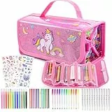 HappyGoLucky Malset für Kinder Wasserfarbkasten Marker Set, Geschenk Mädchen 3-10 jahre, Federmäppchen Mädchen mit 48 Stifte & Stickerkarten - Weihnachts Geschenken (Rosa)
