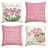 Artoid Mode Tulpen Tulips Korb Hello Sweet Frühling Kissenbezüge 4er Set, 45x45 cm Sommer Frühling Zierkissenbezug Couch Wohnzimmer Deko