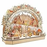 Wichtelstube-Kollektion Holzkunst LED Schwibbogen Bergdorf Schwippbogen Lichterbogen Echtholz Weihnachtsdeko Fenster, Batteriebetrieben mit Timer, 45cm Breite