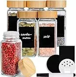 Happy Lemuro Gewürzgläser Eckig 120ml [6er Set] Gewürzgläser mit Streueinsatz, Bambusdeckeln, Etiketten in Schwarz | Gewürzbehälter Set, Gewürzaufbewahrung, Gewürz Gläser