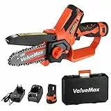 ValueMax Mini Kettensäge 12V mit 2×2000 mAh Akku, 11 cm Elektro Einhand-Kettensäge mit Ladegerät und Sicherheitsschloss, ideal zum Holzschneiden und für Gartenarbeiten