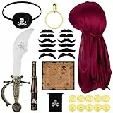 Kaisibum 29 Stück Piraten Kostüm Zubehör für Herren Damen Kind, Pirate Accessories Set mit Augenklappen, Kopftuch, Teleskop, Bart, Piratenmünzen, Piratensäbel, Ohrringe, Piratenbeutel, Piratenkarte