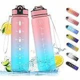 NAVTUE 1 Liter Sport-Wasserflasche mit Strohhalm und Zeitmarkierungen, auslaufsichere Tritan-Trinkflasche, BPA-frei für Fitness/Radfahren/Camping/Laufen (Dunkles Pulverblau)