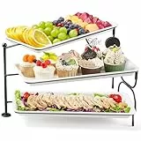 Lifewit Etagere 3 Etagen mit 36 x 17 cm/14x 6.5 Servierplatte, Kunststoff Serviertablett Servierteller mit Klappbar Metallregal, Buffet Party Zubehör für Speise Obst Kekse Torte Desserts, Drehbar