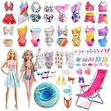 Xerteam 35 Badeanzug Kleidung Set für 11,5 Zoll Mädchen Puppen, Moden Bunte Puppensachen mit 5 Set Bikini 1 Karierter Kleider 1 Tülljacke 8 Paar Schuhe, 14 Tauchzubehör Schwimmreifen Strandstühle