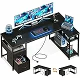 Coleshome Schreibtisch mit 2 Schubladen und Regal, 160×80 cm Eckschreibtisch mit Stauraum und Steckdose, Umkehrbarer Gaming Tisch für Homeoffice & Familienecke, Schwarz