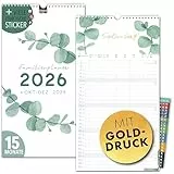 Familienkalender 2026 5 Spalten EUKALYPTUS Gold Familienplaner 2026 mit STICKER Urlaub Recycling Ferien Wandplaner 2026 Wandkalender 23 x 43cm inkl. Okt-Dez 2025, Pflanzkalender, Eukalyptus Deko Gold