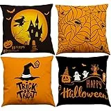 BINXWA 4 Stück Halloween Kissenbezug, Orange and Black Halloween Deko Garten Kissenbezug Happy Halloween Baumwolle Leinen Kissenbezug 45x45cm