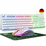 Kabelgebundene weiße Gaming-Tastatur mit Maus Deutsches Layout QWERTZ Kabelgebundene Tastatur LED-RGB-Hintergrundbeleuchtung 2400 DPI 6-Tasten-Maus Tastatur und Maus kompatibel mit PC PS5 PS4 Xbox